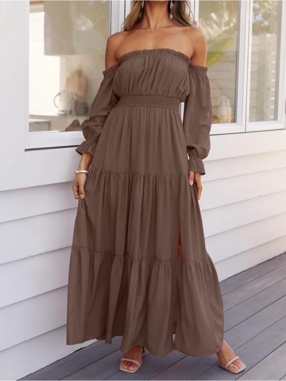 Smocked Off-Shoulder Tiered Maxi Dress in Chocolate Brown
